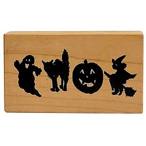 VTG 80s PSX Halloween Rubber Stamp Ghost Cat Pumpkin Witch D-966 1985 Wood Mount